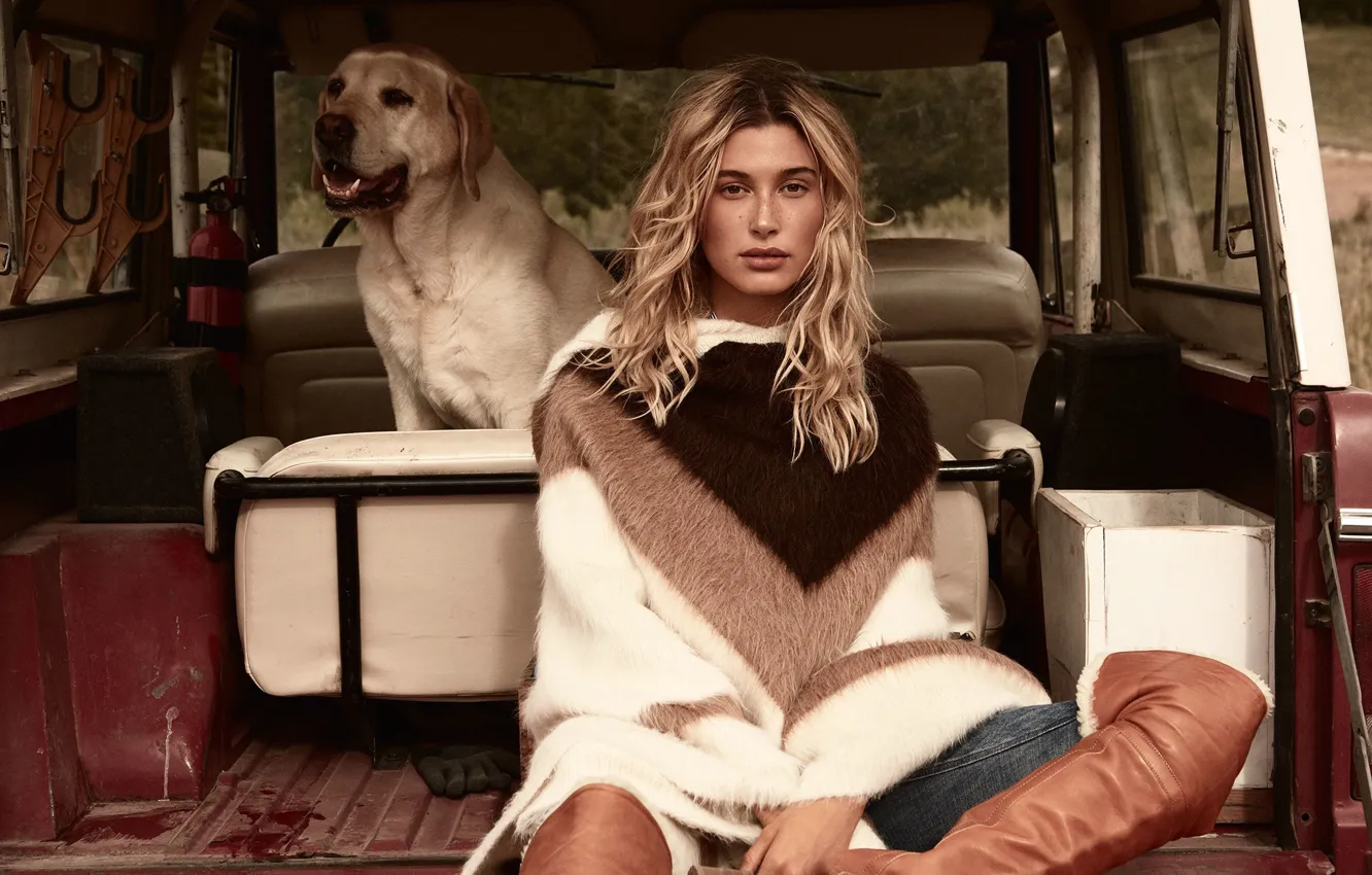 Photo wallpaper auto, look, girl, pose, model, dog, Hailey Baldwin
