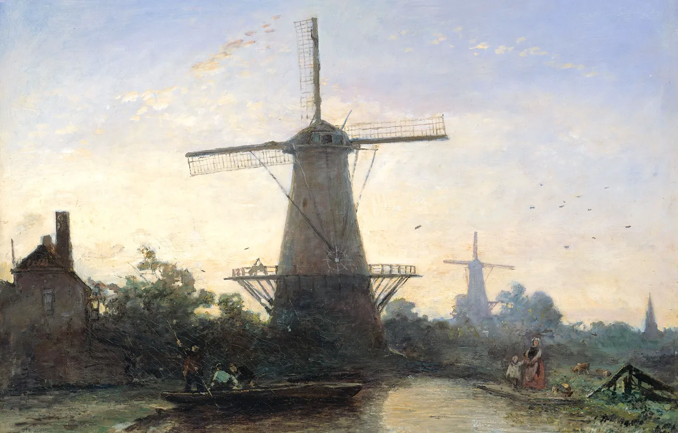 Photo wallpaper landscape, oil, picture, Windmills in Rotterdam, Ian Bartold Jongkind