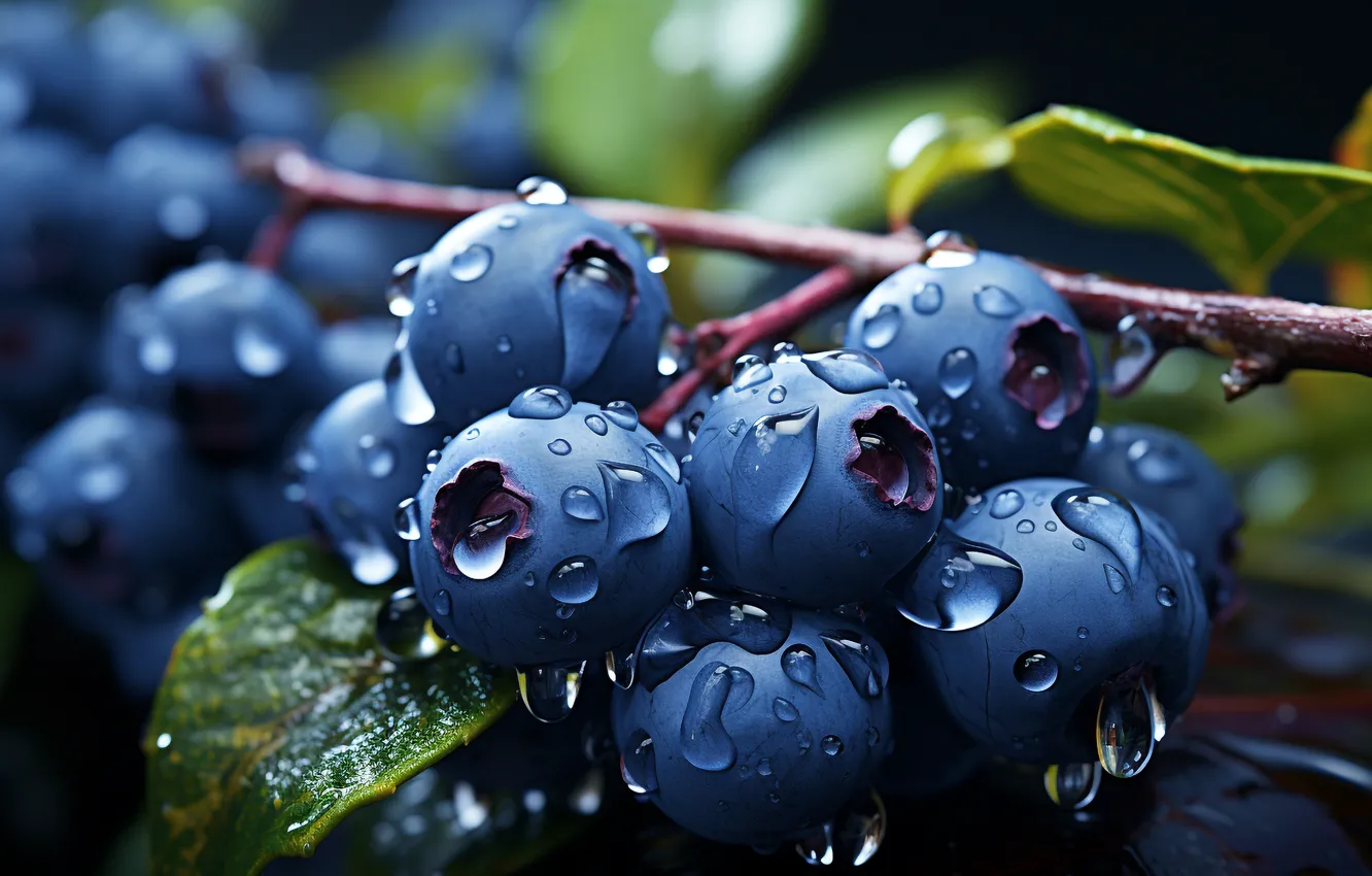 Photo wallpaper leaves, water, drops, berries, moisture, branch, blueberries, blueberries