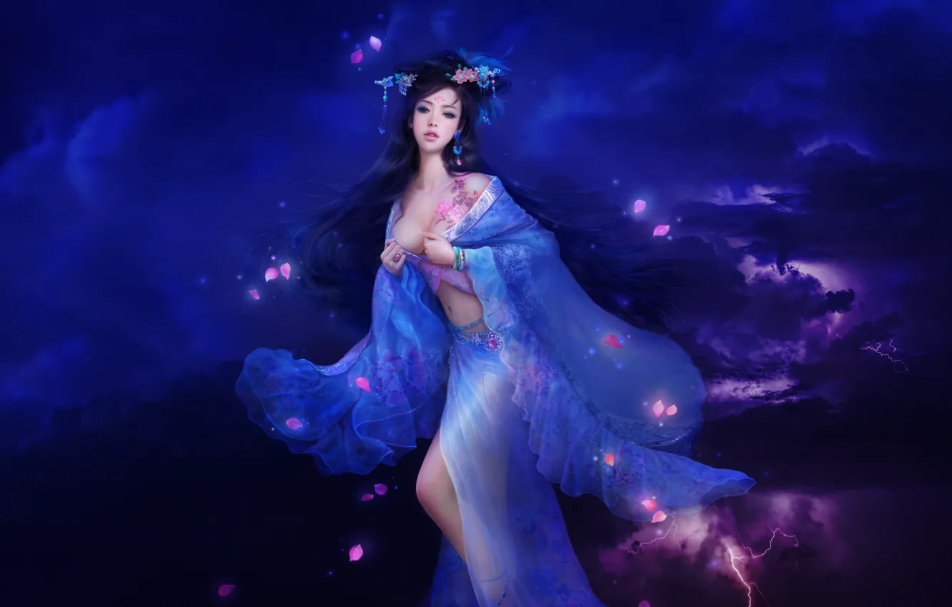 Photo wallpaper girl, clouds, clouds, style, lightning, dress, tattoo, art