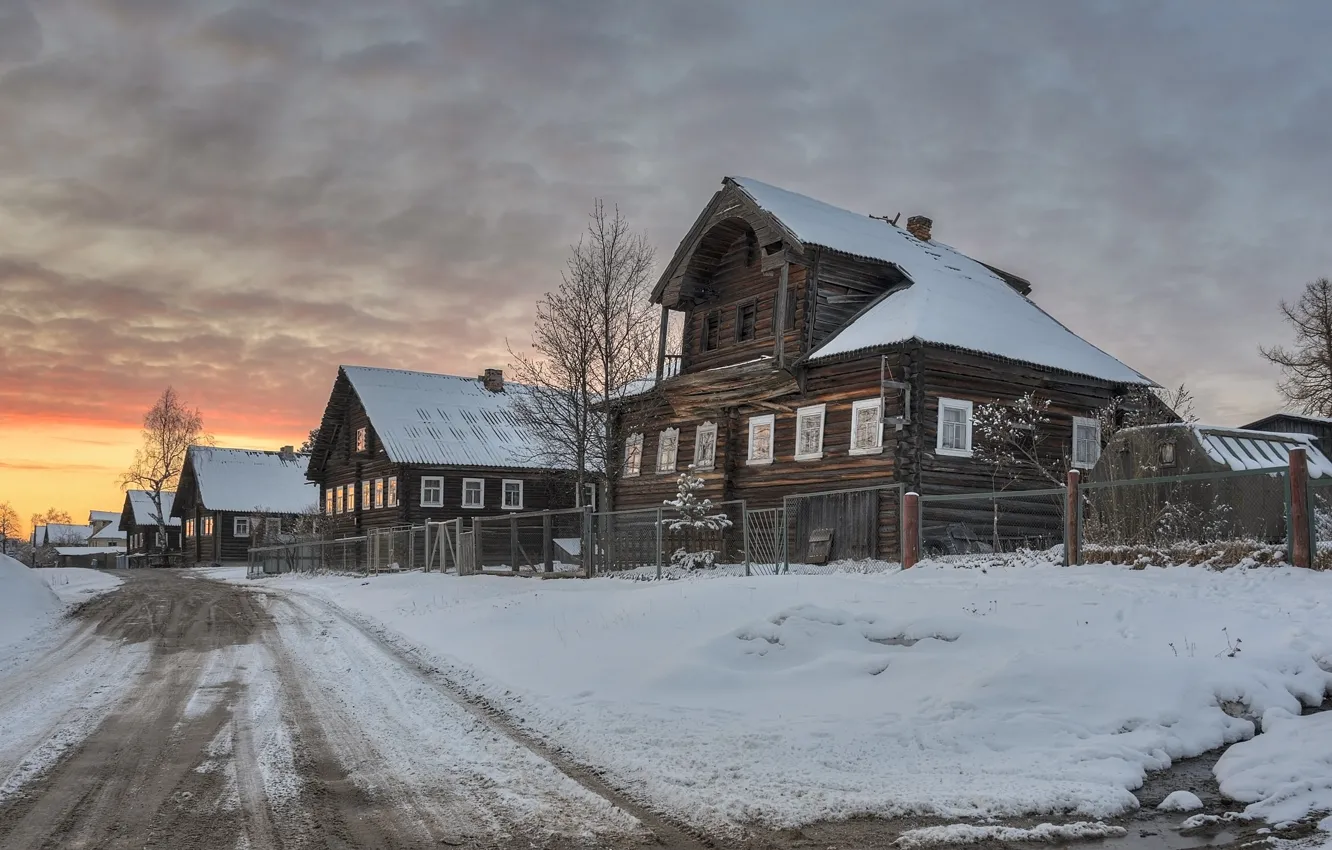 Photo wallpaper road, spring, the evening, village, Karelia, Algaba