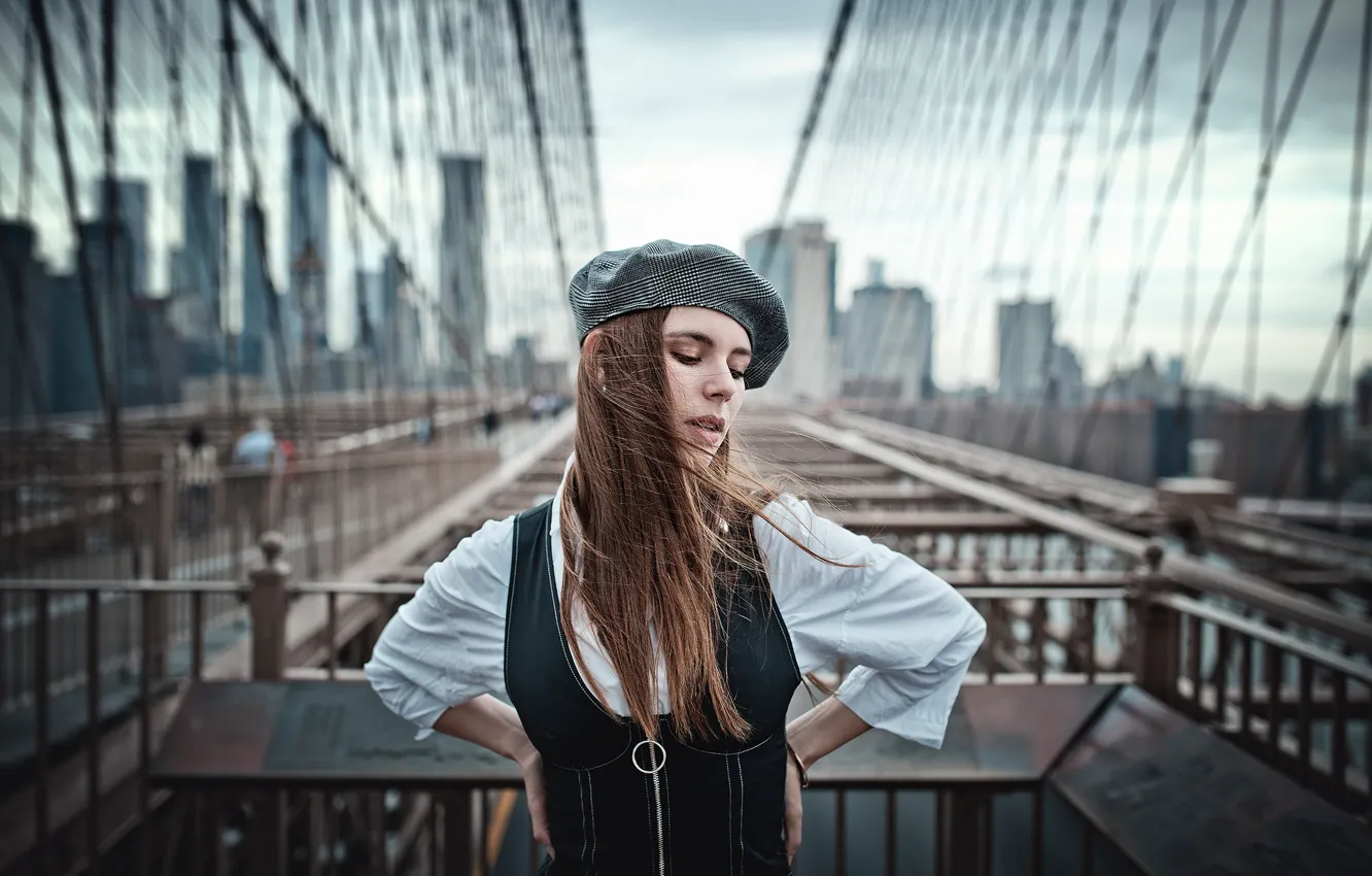 Photo wallpaper bridge, pose, hair, New York, Brooklyn bridge, takes, bokeh, Natalia Ostrofsky