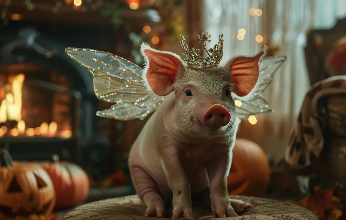 Photo wallpaper Halloween, pig, neural network, pig, look, holiday, AI art, autumn