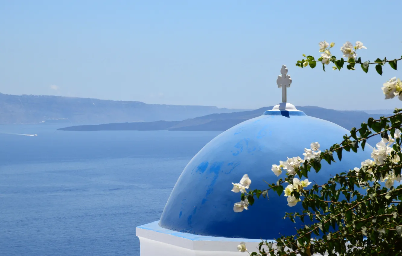 Photo wallpaper sea, flowers, Santorini, the dome, the Church
