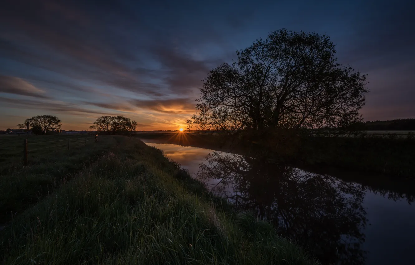 Photo wallpaper grass, trees, sunset, river, shore, the evening, twilight