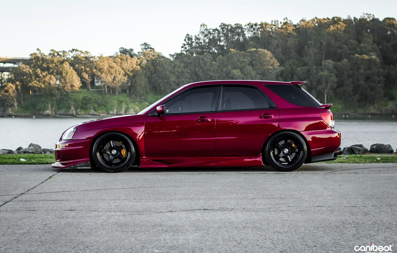Photo wallpaper Subaru, tuning, purple, stance, Wheels, WRX Wagon