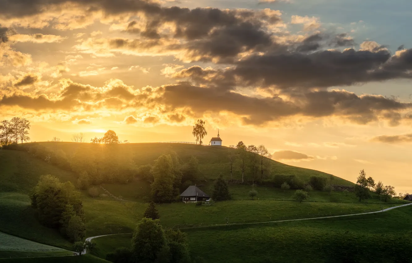 Photo wallpaper summer, sunset, temple