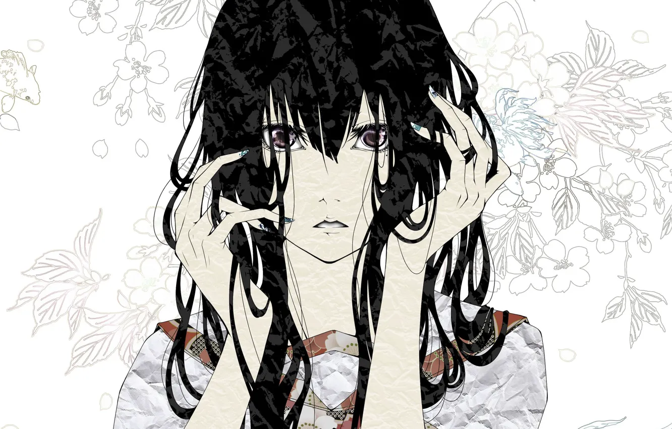 Photo wallpaper eyes, girl, flowers, branch, anime, petals, art, bouno satoshi