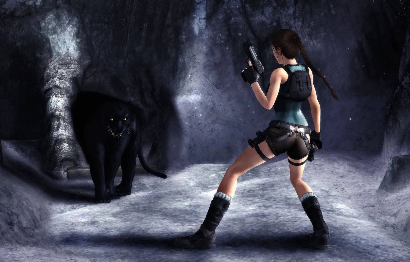 Photo wallpaper girl, pose, gun, weapons, black, shorts, predator, Mike