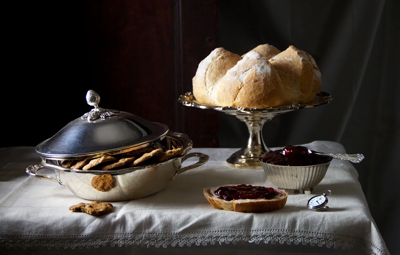 Photo wallpaper watch, food, Breakfast, cookies, bread, knife, still life, tablecloth
