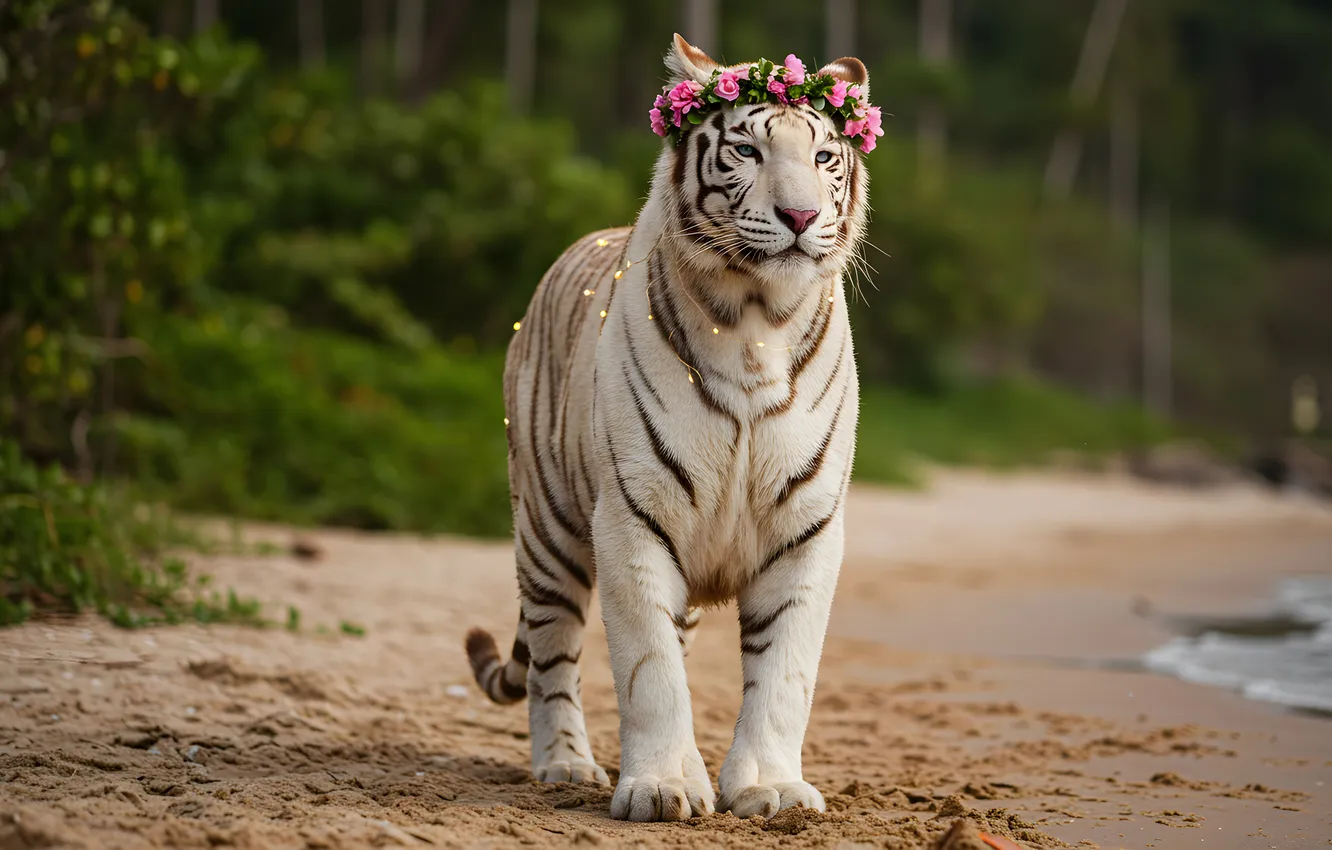 Photo wallpaper white, look, face, trees, flowers, nature, tiger, shore