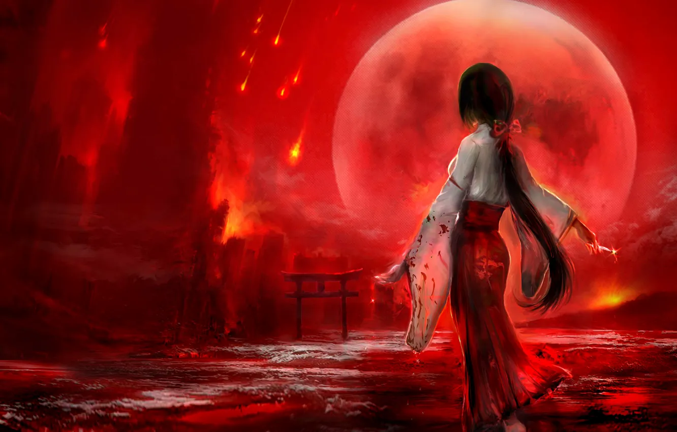 Photo wallpaper the sky, girl, the moon, blood, torii, fire rain