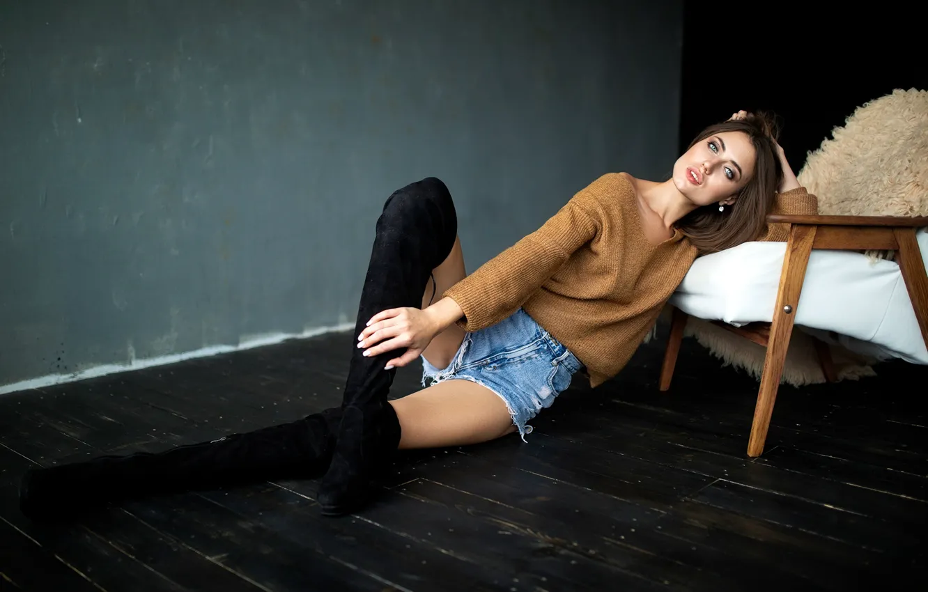 Photo wallpaper girl, pose, feet, shorts, boots, on the floor, sweater, Dmitry Shulgin
