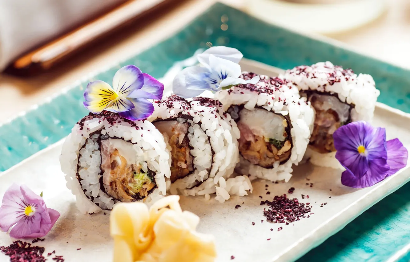 Photo wallpaper food, fish, kitchen, sushi, rolls, seafood, Japanese
