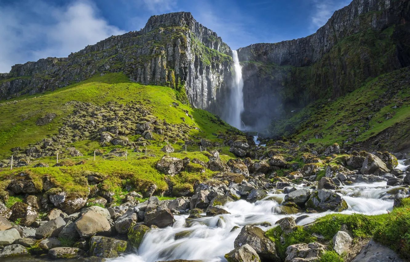 Photo wallpaper landscape, mountains, waterfall