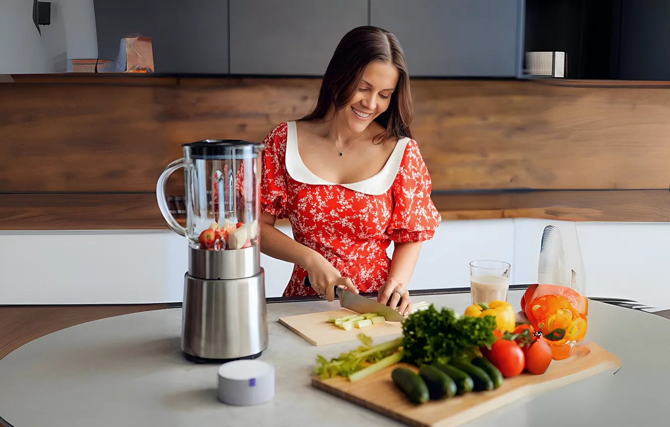 Photo wallpaper girl, woman, smile, food, russian, posing, vegetables, portrait