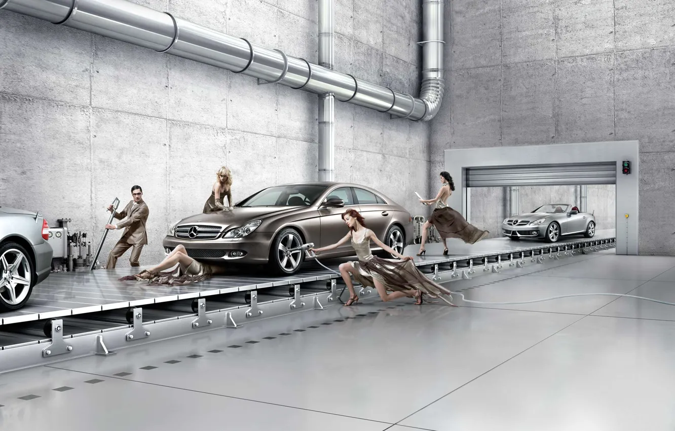 Photo wallpaper Mercedes Benz Assembly Line, Creative Background, car service modern