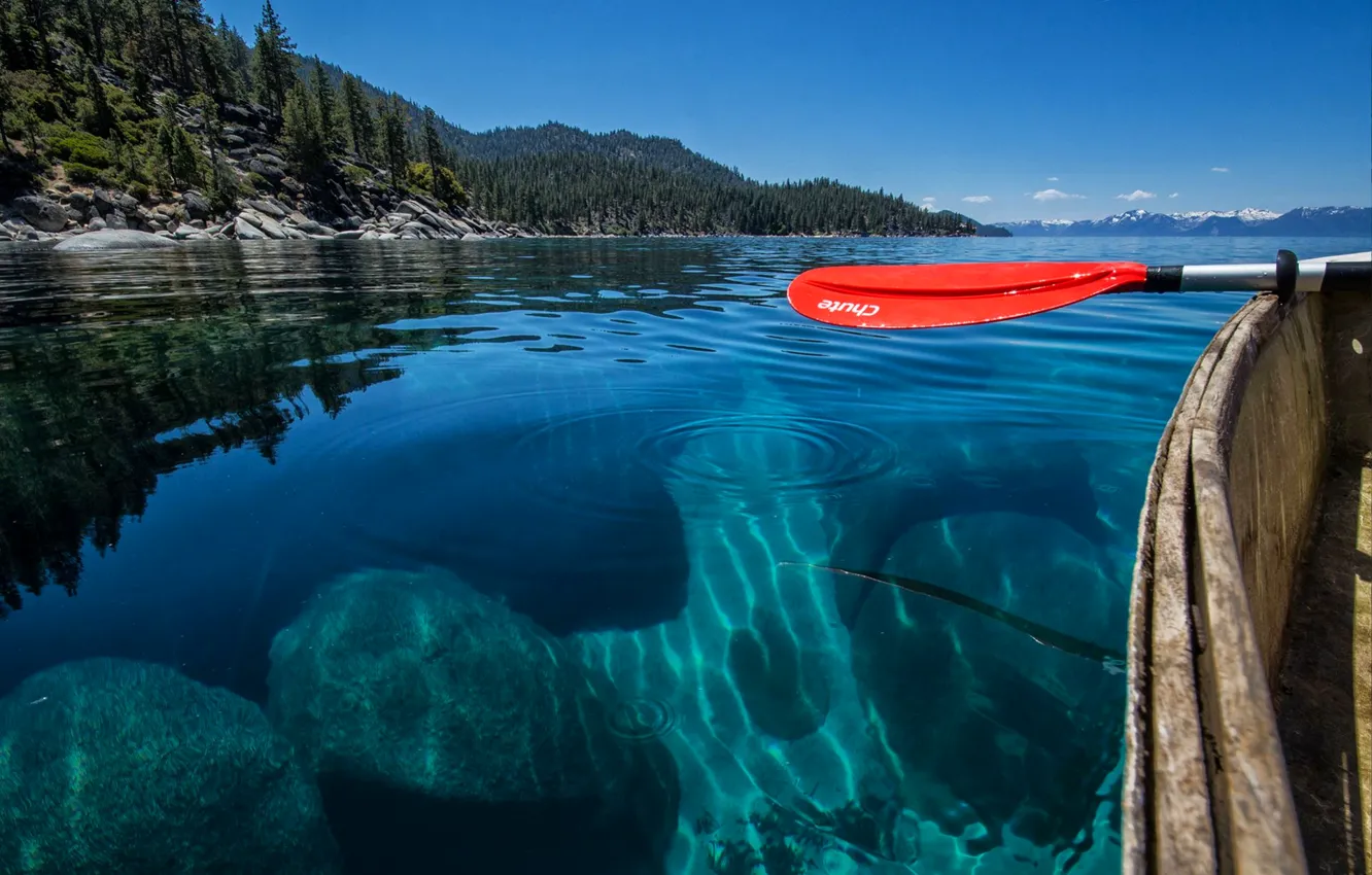 Photo wallpaper the sky, water, transparency, mountains, lake, boat, paddle