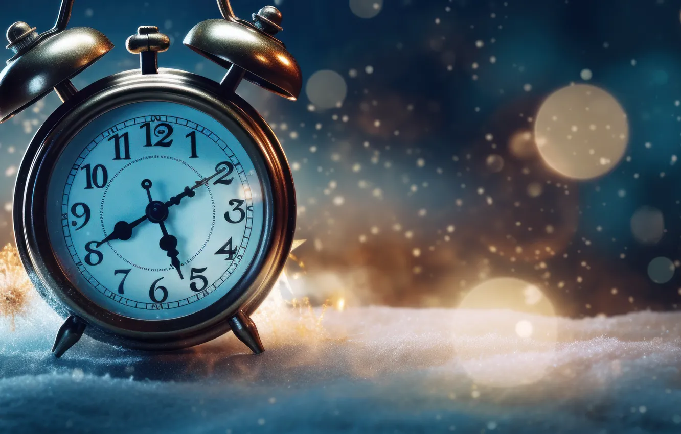 Photo wallpaper winter, snow, night, time, watch, new year, Christmas, panorama