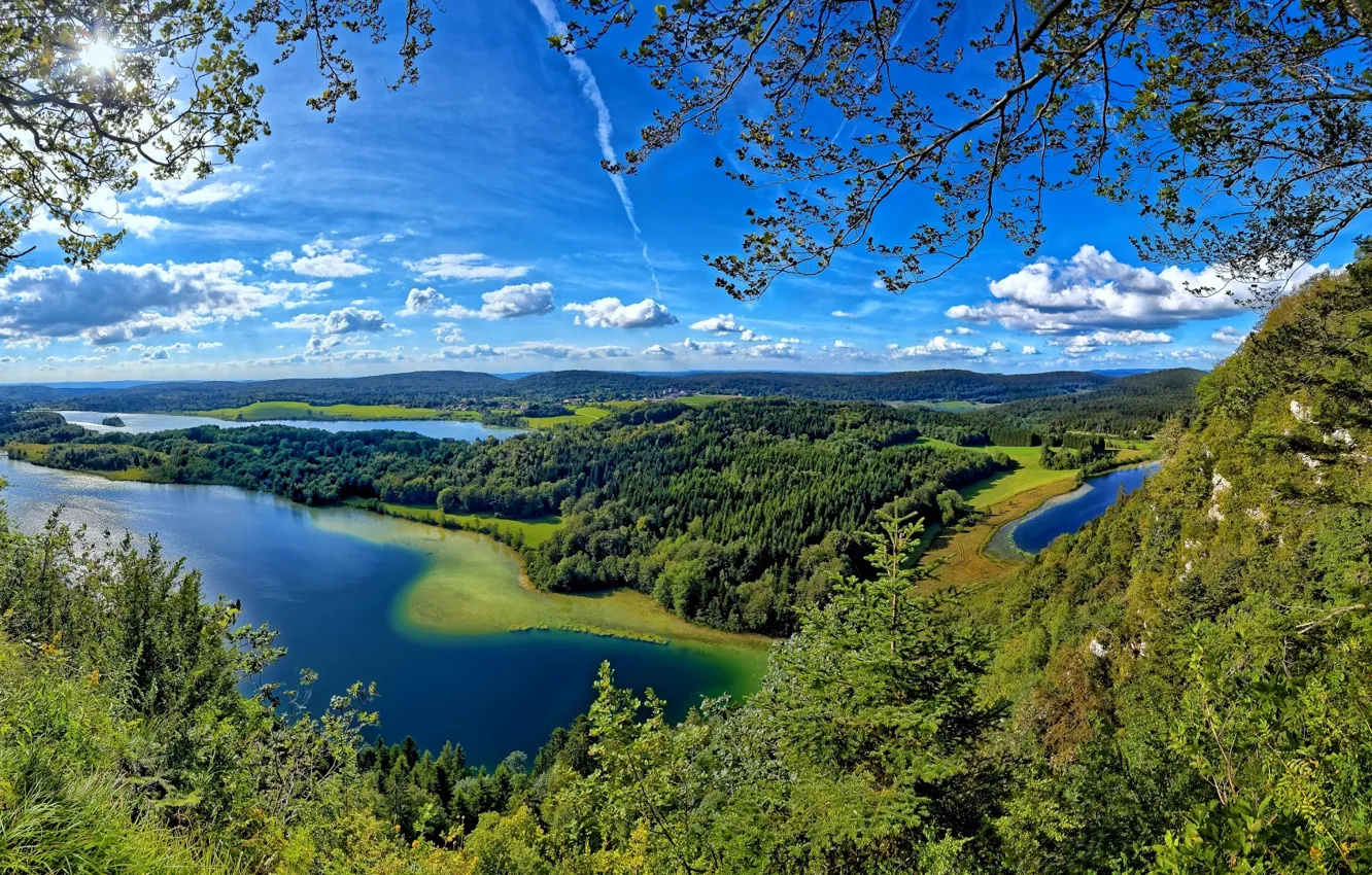 Photo wallpaper the sky, the sun, clouds, view, island, panorama