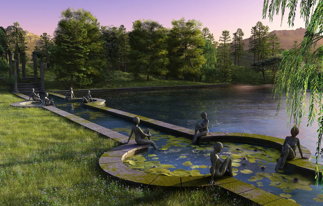 Photo wallpaper trees, sunset, lake, pond, Park, statue, render
