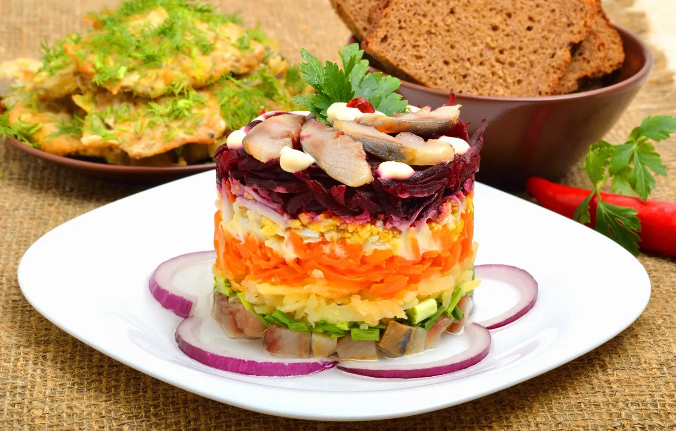 Photo wallpaper coat, vegetables, salad, herring, layer