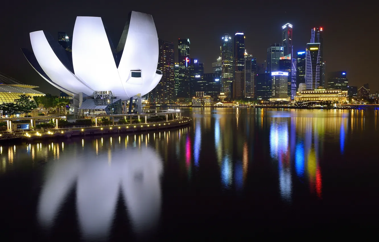 Photo wallpaper sea, landscape, night, the city, lights, Singapore