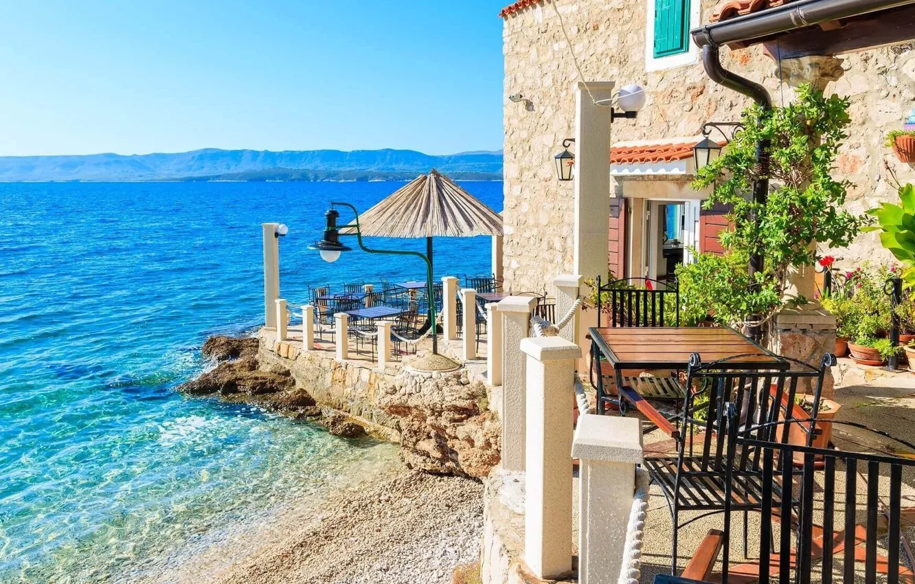 Photo wallpaper sea, Villa, restaurant, resort, Croatia, villa, tables, Brac