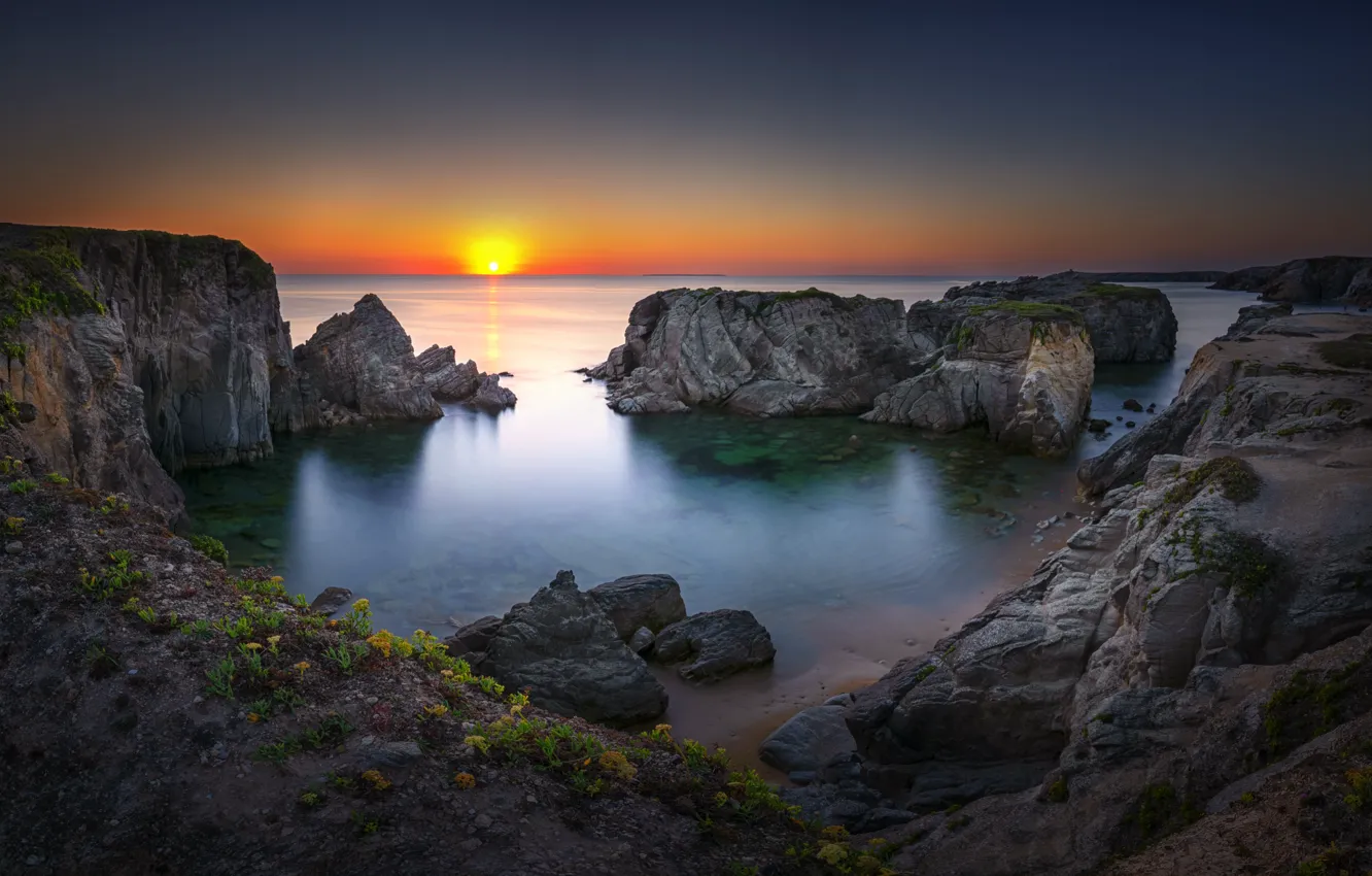 Photo wallpaper sea, sunset, rocks, panorama
