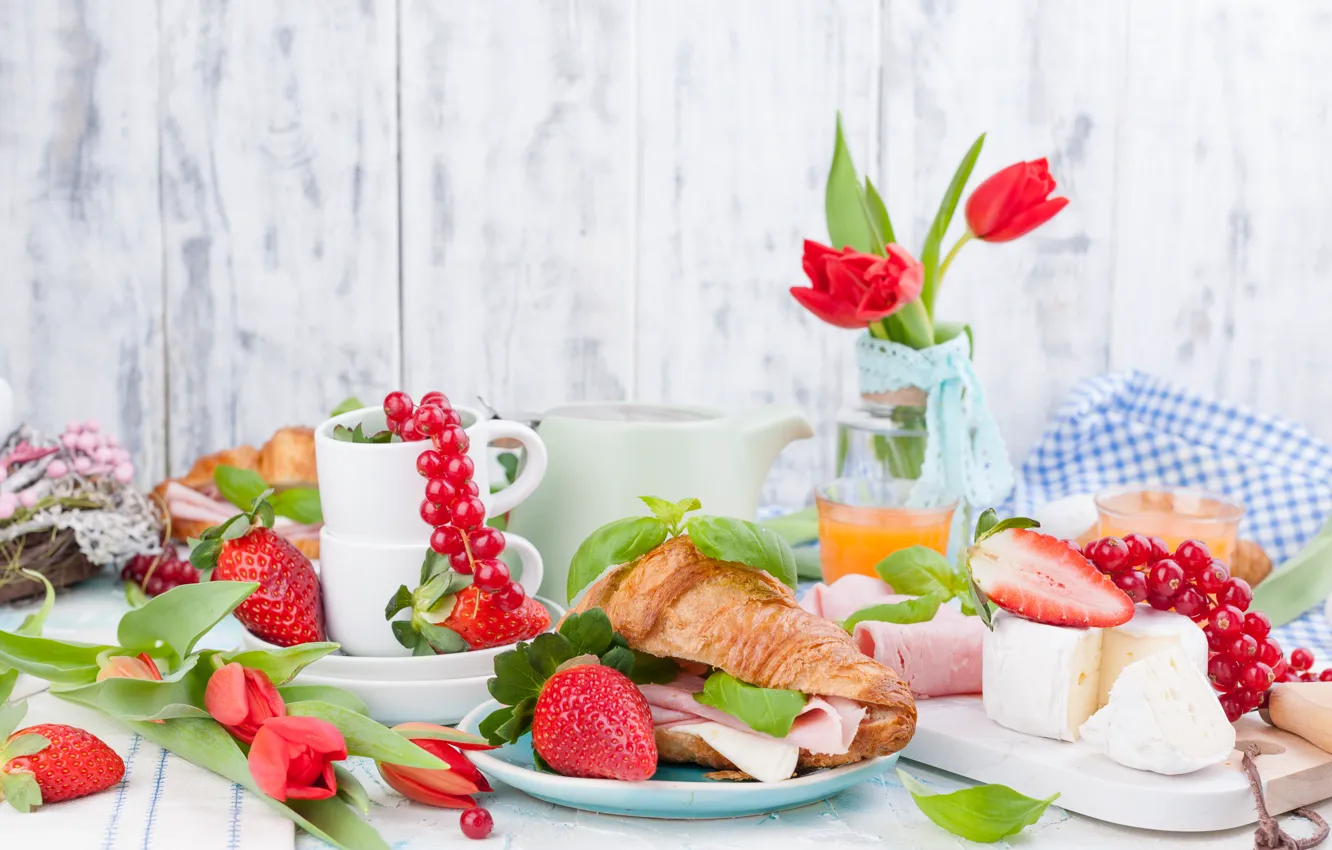 Photo wallpaper berries, Breakfast, cheese, sandwich, bacon, Croissant, Iryna Melnyk