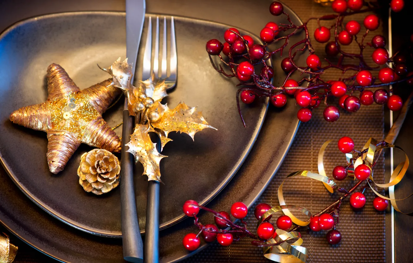 Photo wallpaper winter, table, star, devices, New Year, Christmas, plates, dishes