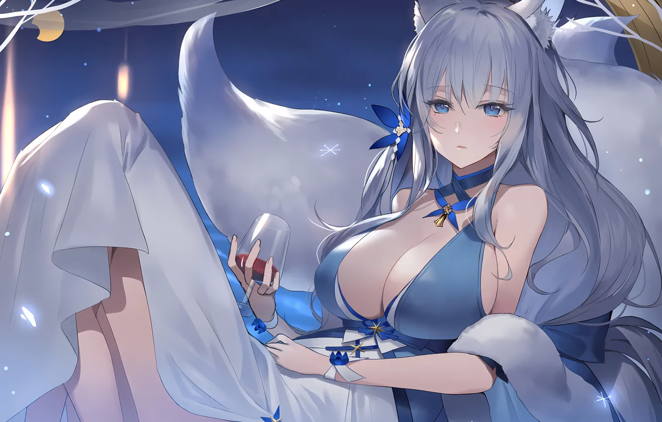 Photo wallpaper girl, sexy, cleavage, long hair, dress, boobs, animal ears, anime