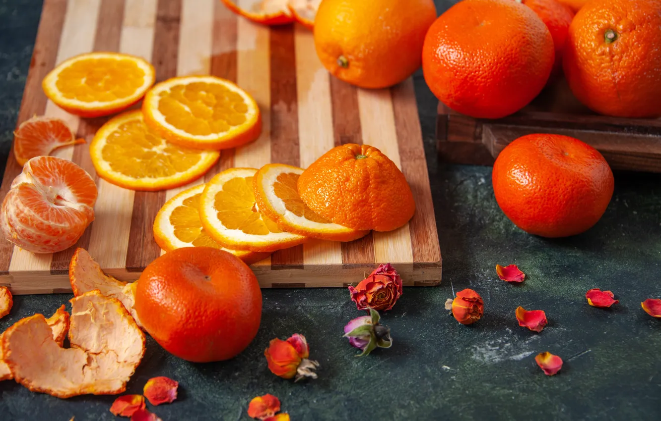 Photo wallpaper flowers, table, orange, petals, slices, peel, composition, tangerines