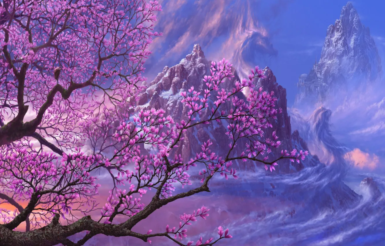 Photo wallpaper castle, fiction, rocks, dragon, figure, Sakura, art, ucchiey