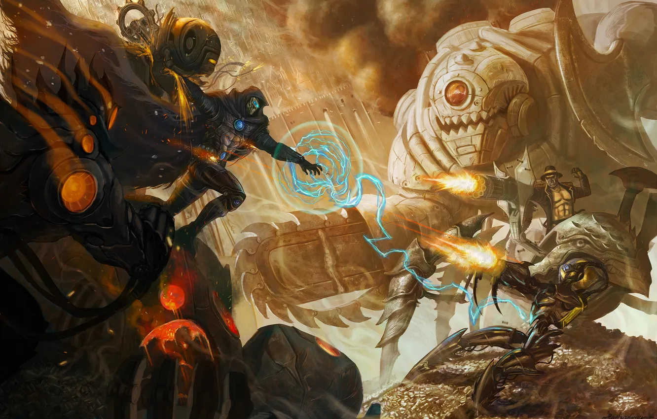 Photo wallpaper the city, weapons, lightning, robot, monster, shot, art, battle