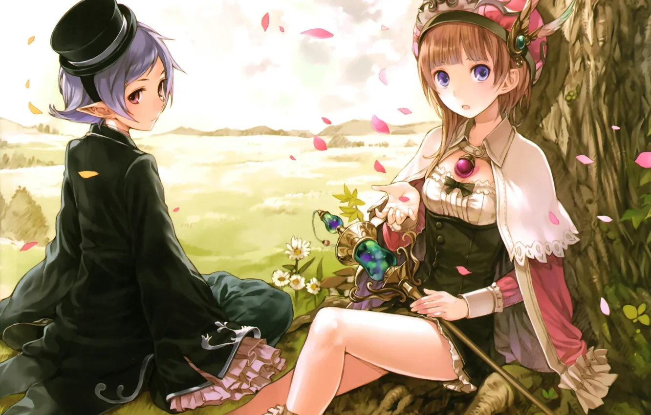 Photo wallpaper trees, petals, girl, hat, rod, kishida mel, atelier, rororina fryxell