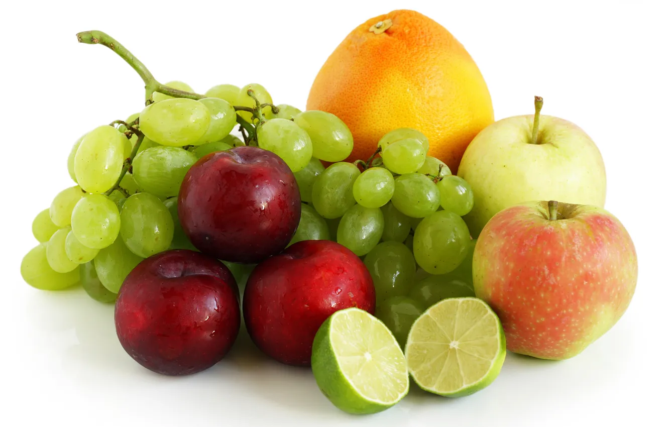 Photo wallpaper berries, apples, orange, grapes, lime, fruit, plum