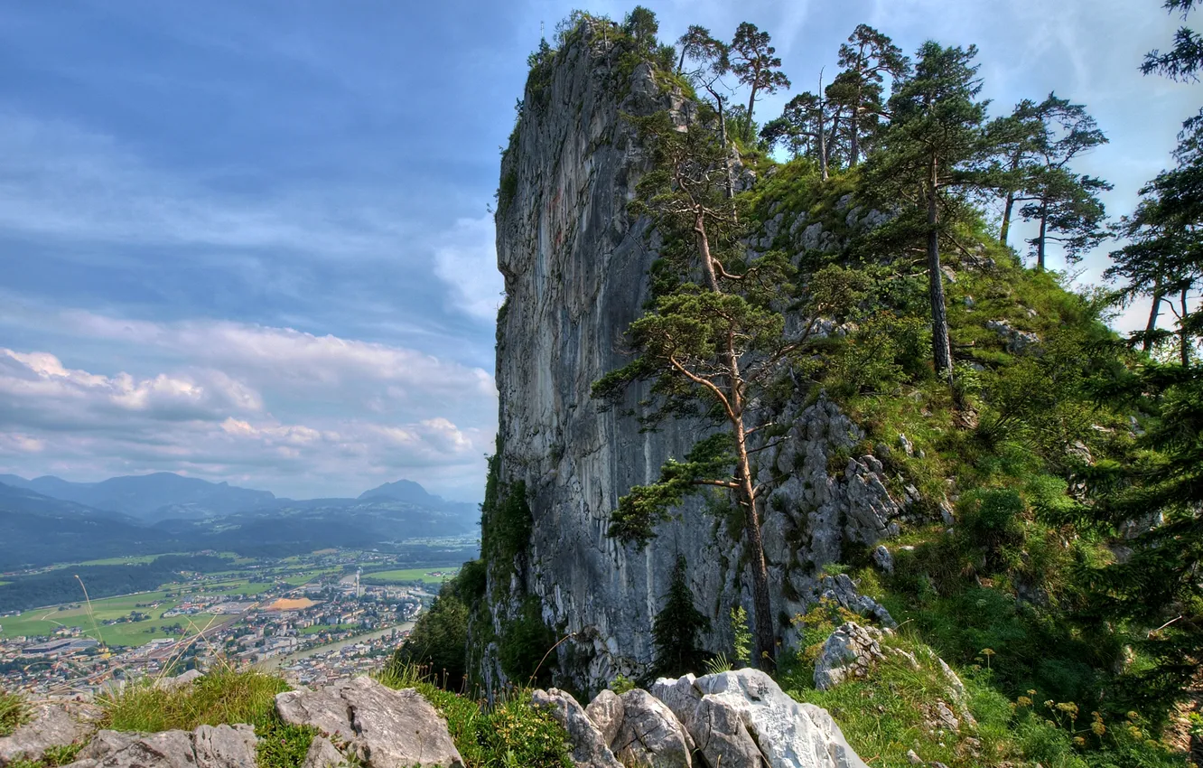 Photo wallpaper the sky, clouds, trees, mountains, rocks