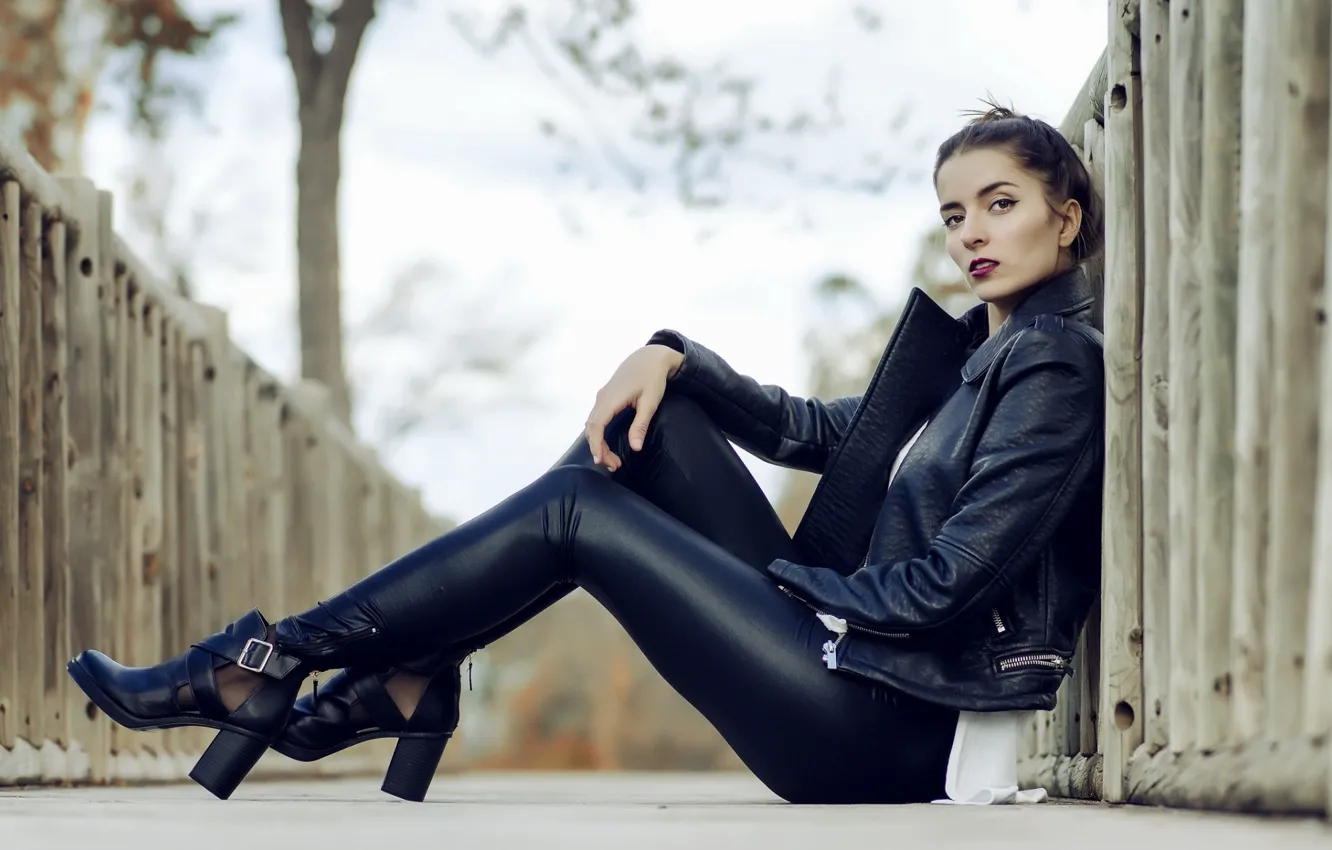 Photo wallpaper brunette, hairstyle, latex, heels, sitting, black jacket, pamada