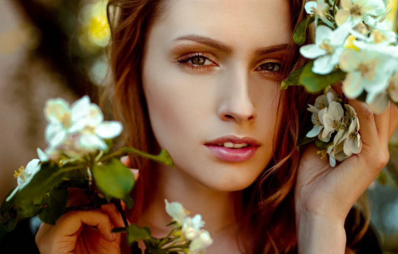 Photo wallpaper look, flowers, close-up, face, model, portrait, makeup, hairstyle