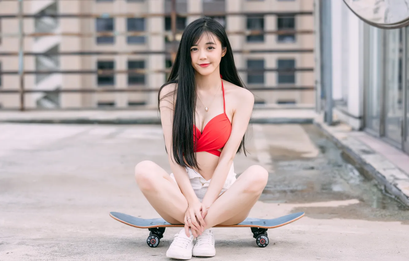 Photo wallpaper girl, Asian, skateboard