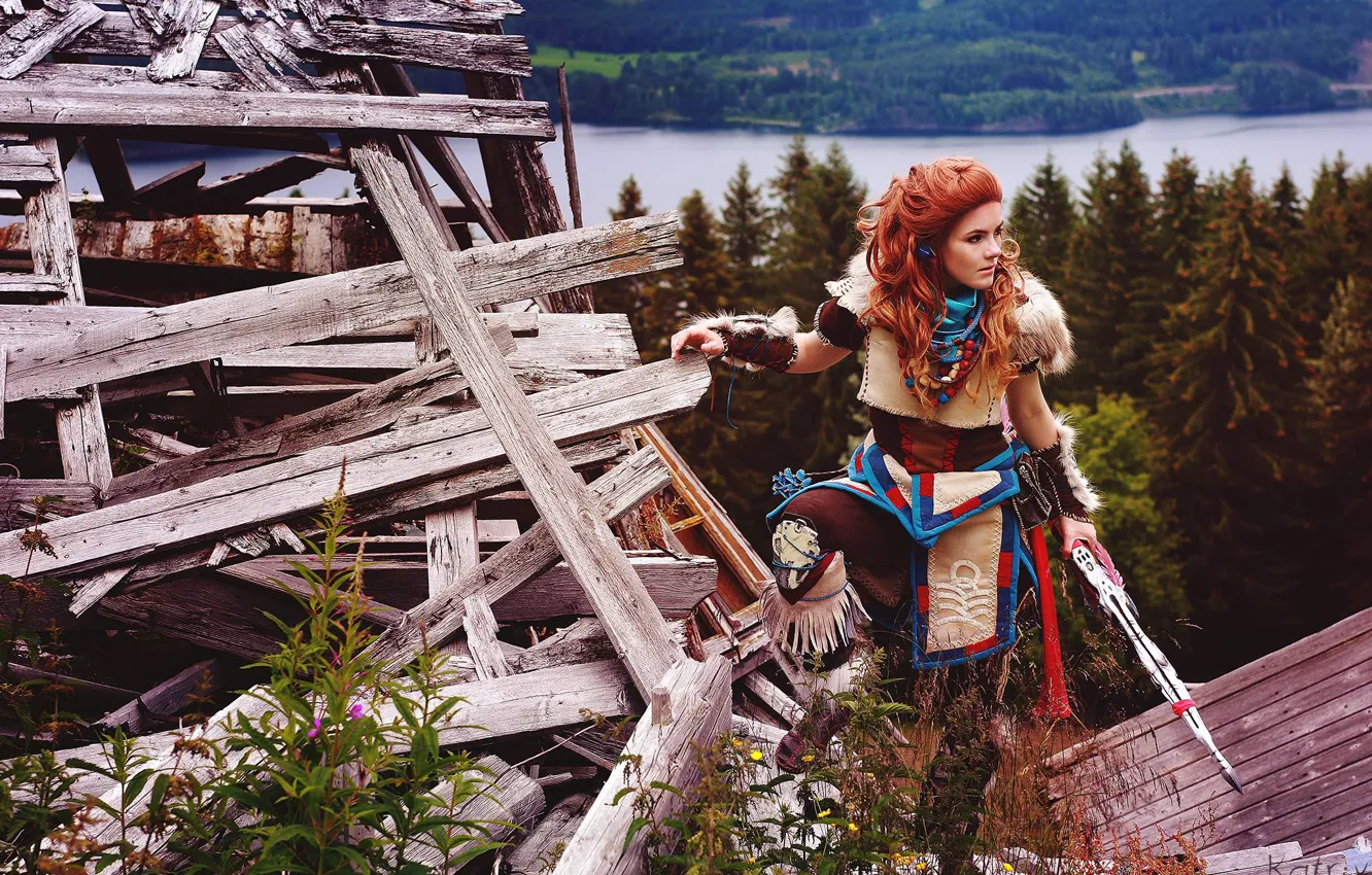 Photo wallpaper the heroine, cosplay, Horizon Zero Dawn, Eloy, Katrix