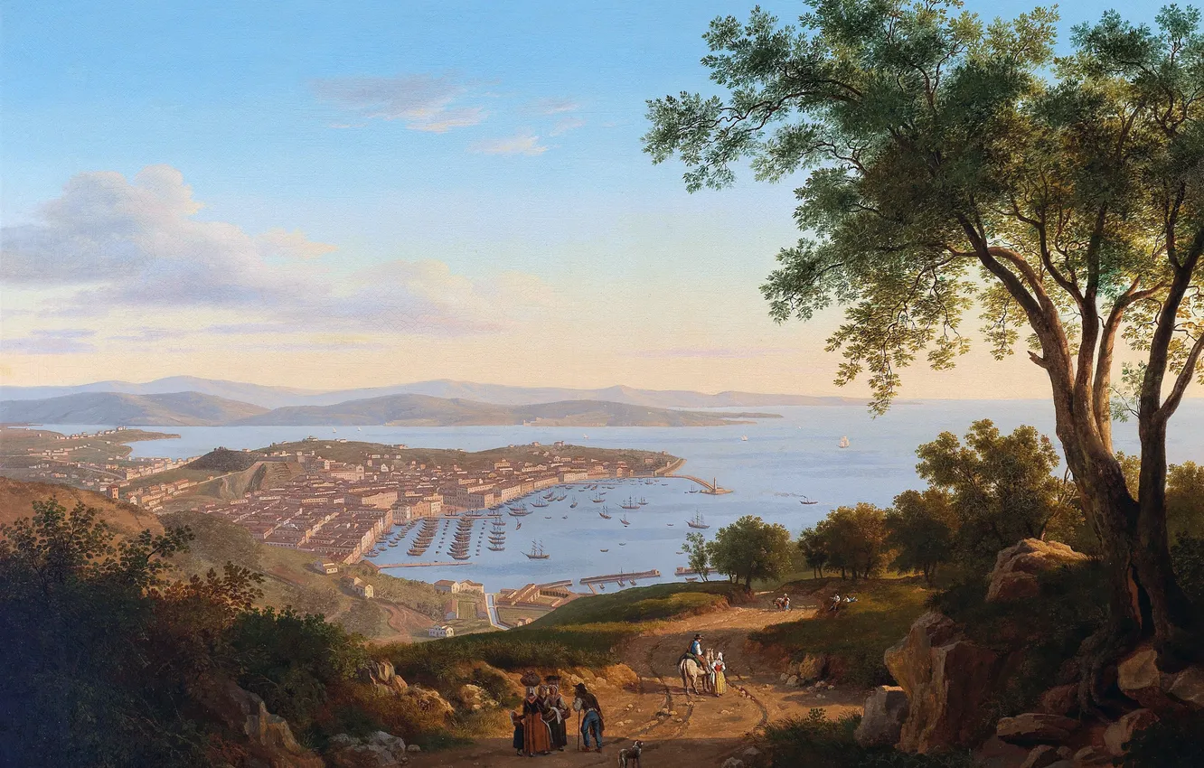 Photo wallpaper sea, trees, people, home, picture, Italian artist, Giuseppe Bernardino Bison, Giuseppe Bernardino the Bison