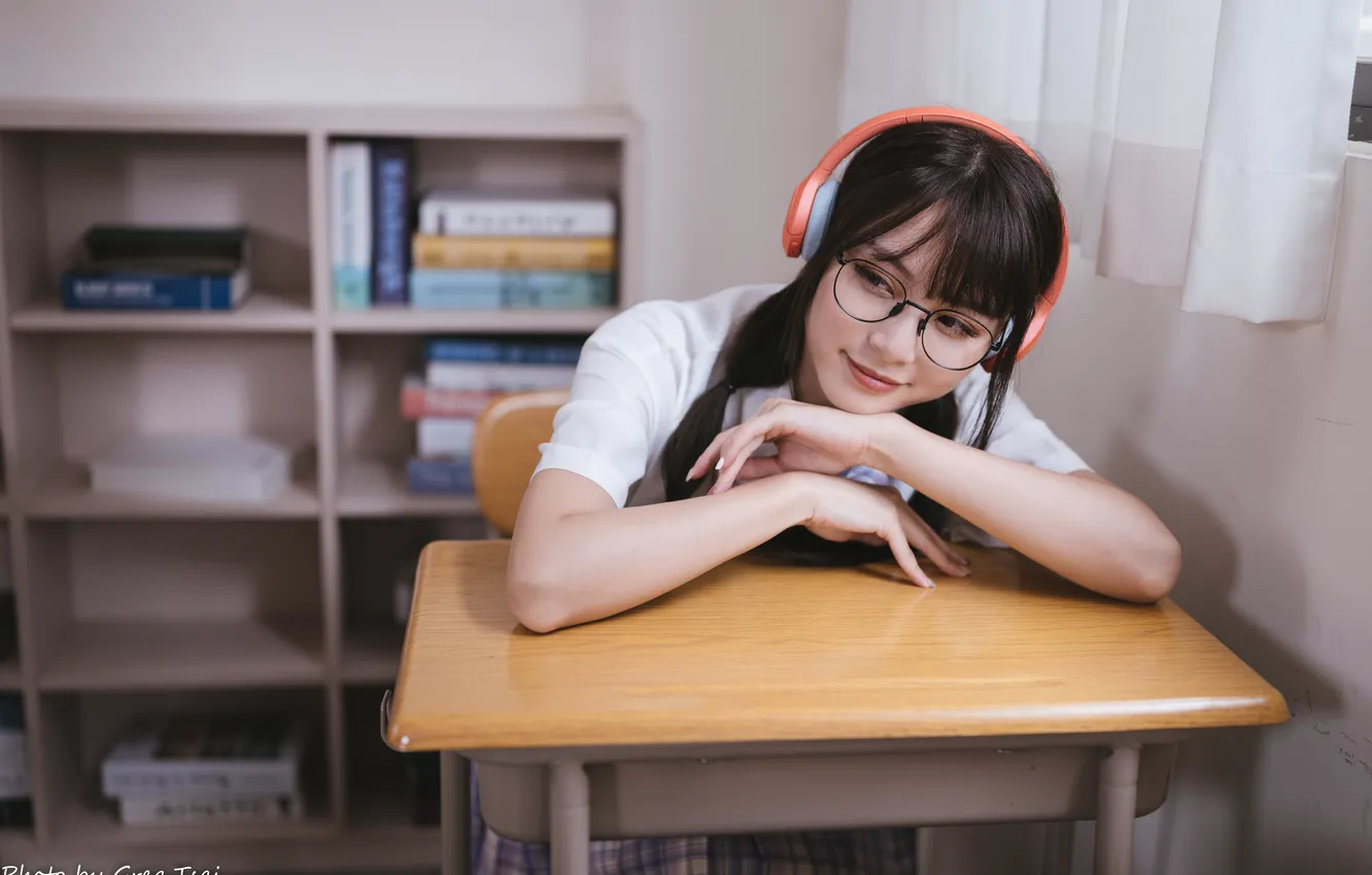 Photo wallpaper pose, smile, model, headphones, book, schoolgirl, Asian, beauty