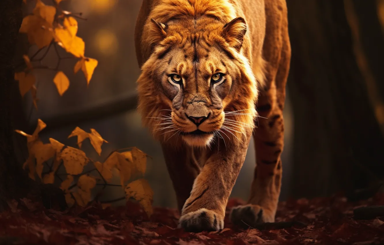 Photo wallpaper autumn, forest, look, face, tiger, pose, foliage, portrait