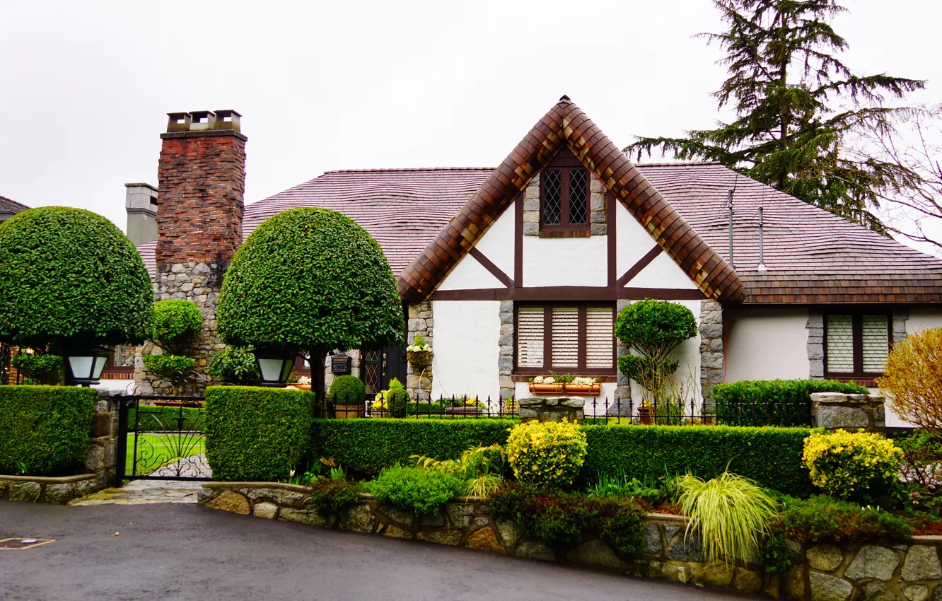 Photo wallpaper trees, the fence, home, garden, Canada, Vancouver, the bushes, wicket