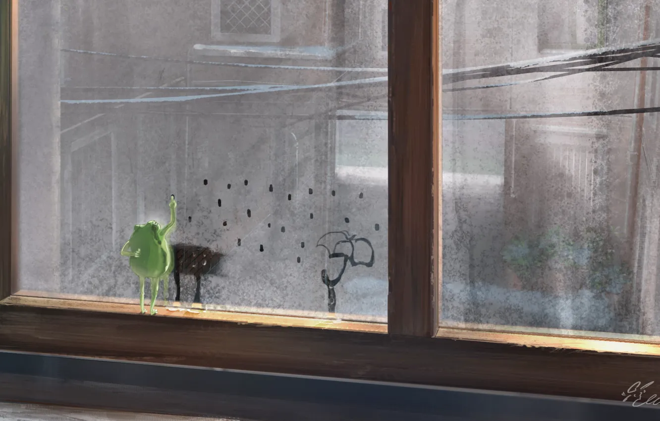 Photo wallpaper rain, frog, umbrella, window, draws