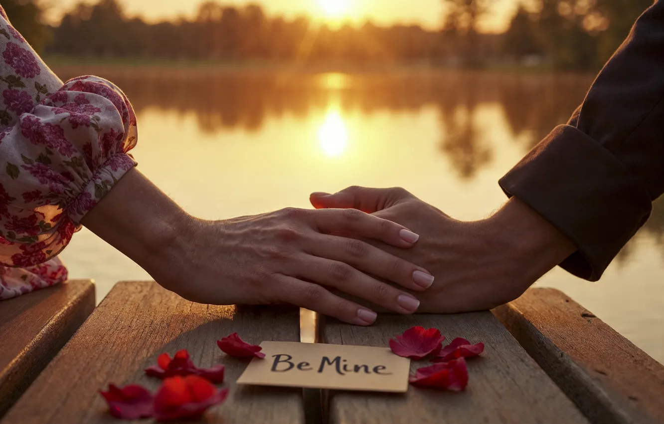 Photo wallpaper love, romance, heart, roses, hands, love, Valentine's day, sunset