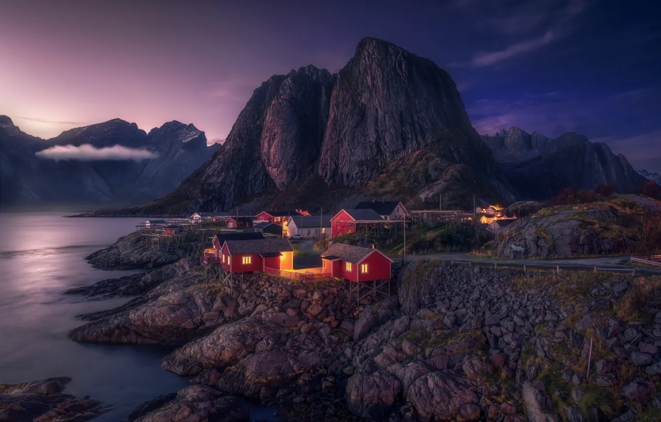 Photo wallpaper clouds, mountains, night, lights, stones, rocks, shore, tops