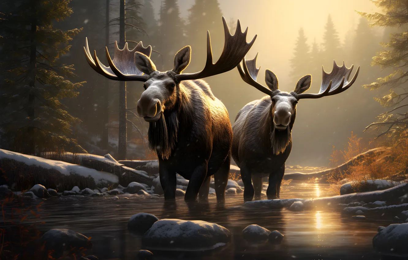 Photo wallpaper winter, water, snow, trees, art, river, two, moose